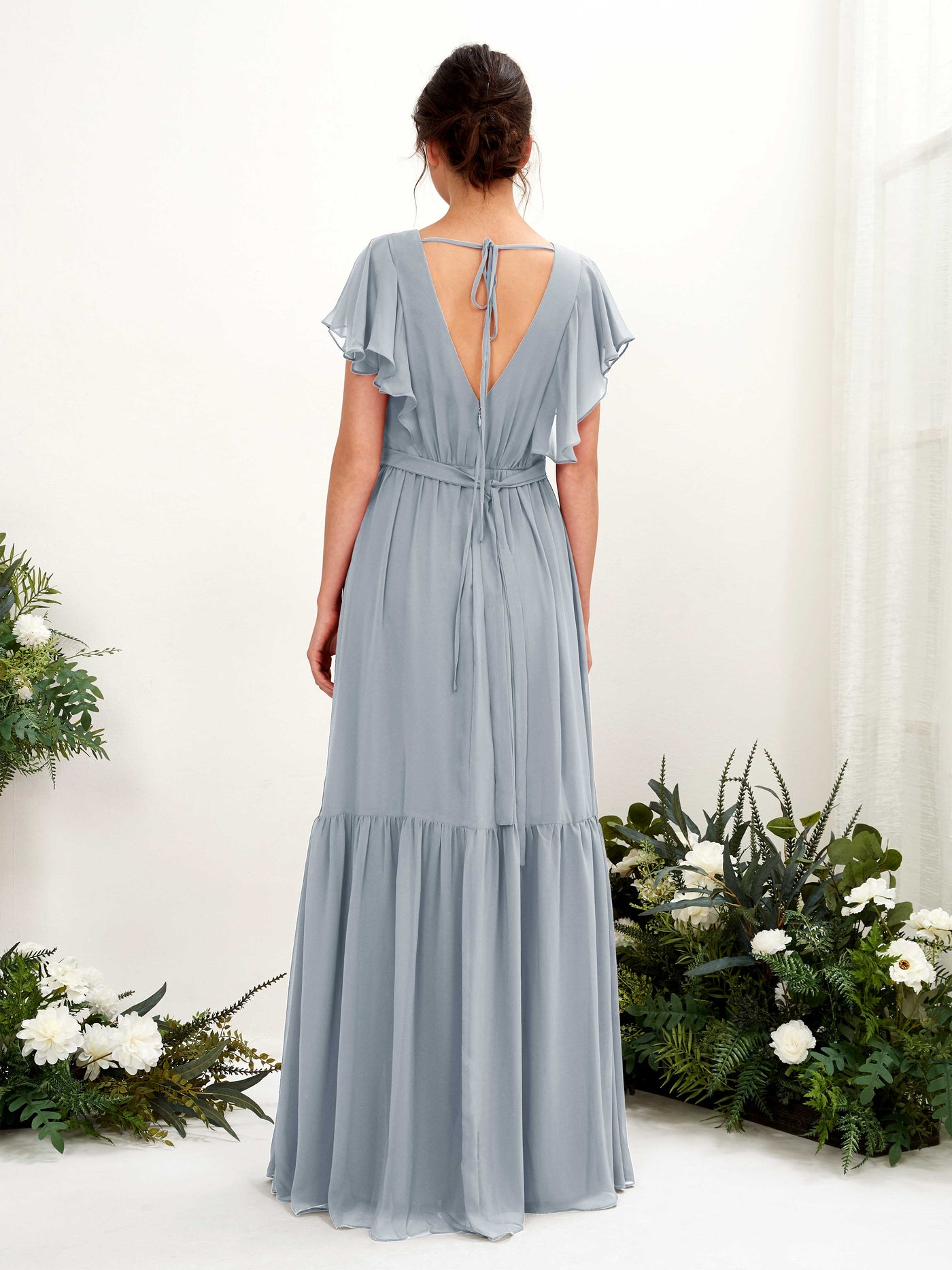 Carlyna Vestido de línea A escote en V manga con vuelo hasta el suelo dama de honor Azul Empolvado Mejorado #color_azul-empolvado-mejorado