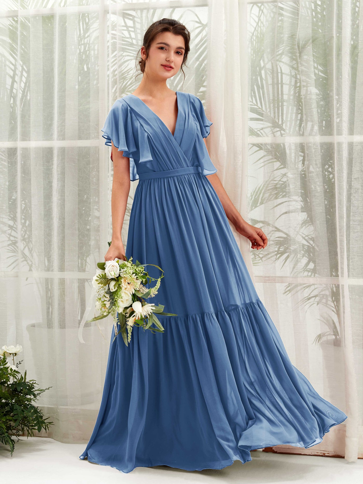 Carlyna Vestido de línea A escote en V manga con vuelo hasta el suelo dama de honor Azul polvoriento #color_azul-polvoriento