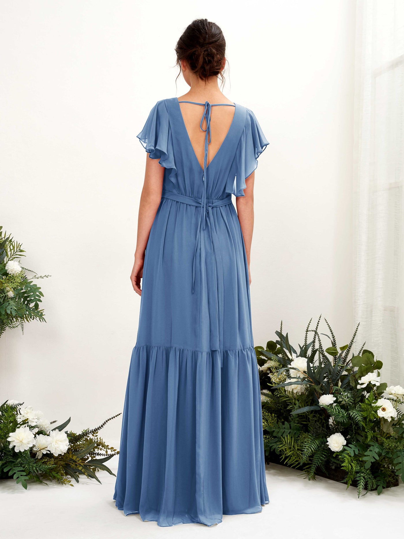 Carlyna Vestido de línea A escote en V manga con vuelo hasta el suelo dama de honor Azul polvoriento #color_azul-polvoriento