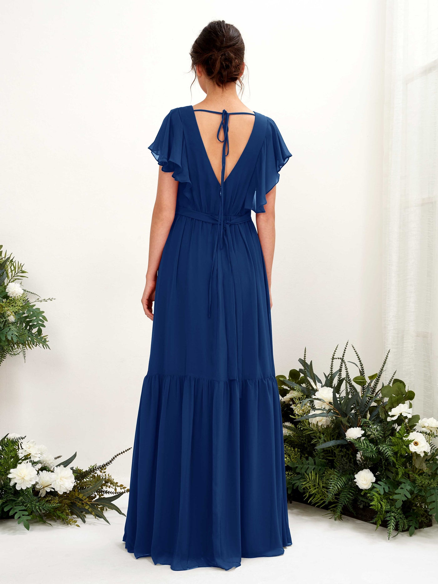 Carlyna Vestido de línea A escote en V manga con vuelo hasta el suelo dama de honor Azul Real #color_azul-real
