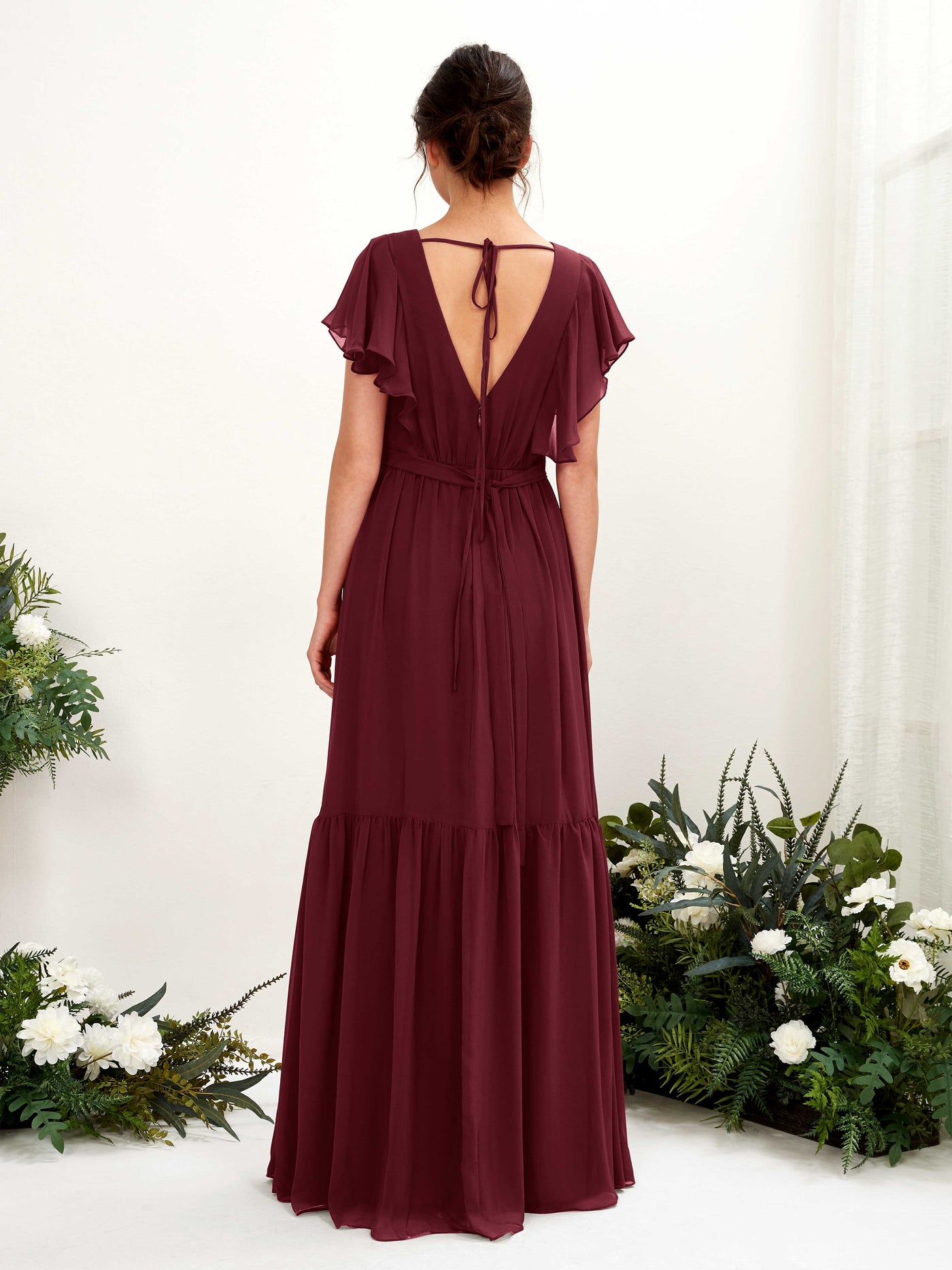 Carlyna Vestido de línea A escote en V manga con vuelo hasta el suelo dama de honor Borgoña #color_borgo-a