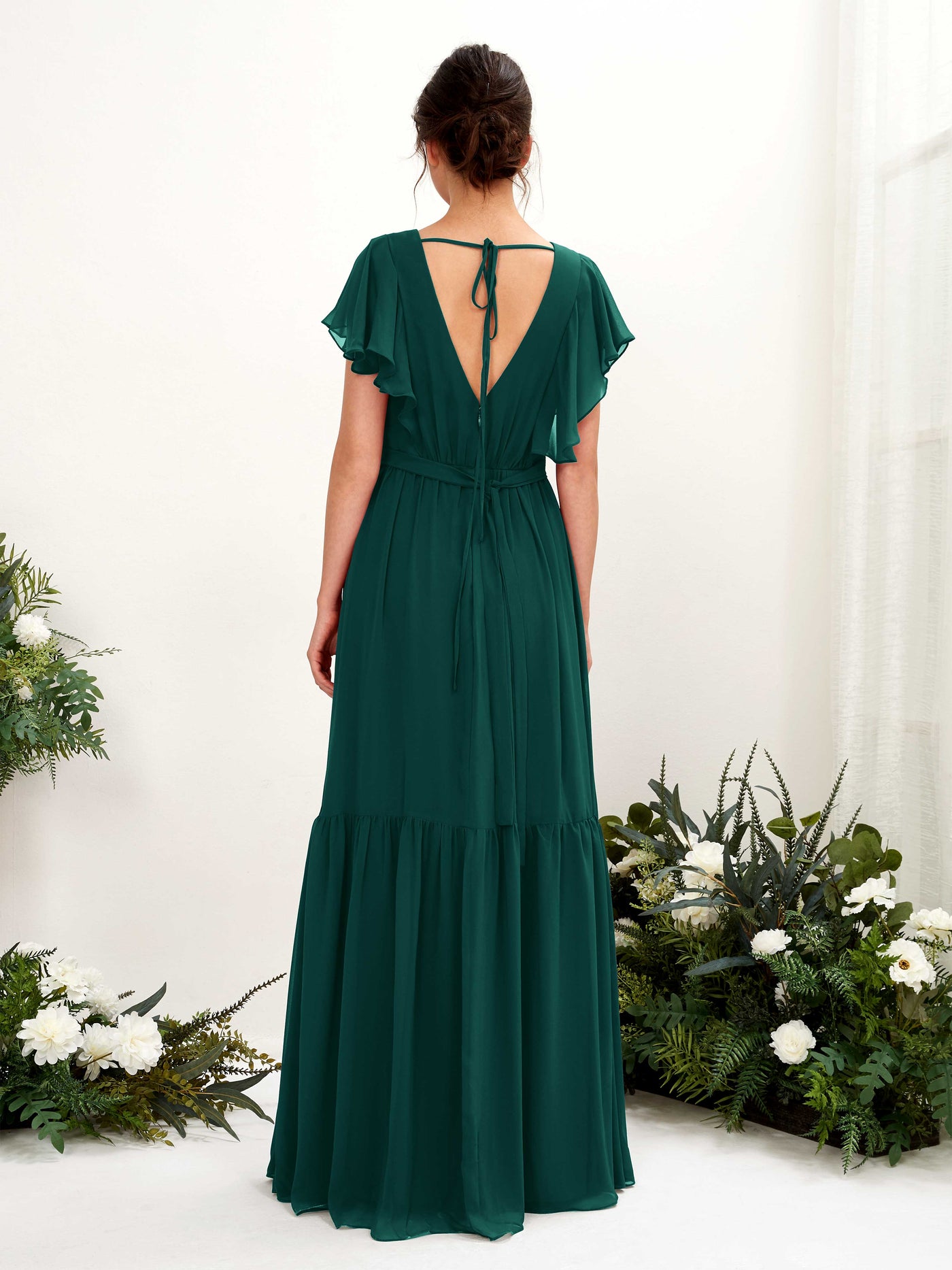 Carlyna Vestido de línea A escote en V manga con vuelo hasta el suelo dama de honor Esmeralda Oscuro #color_esmeralda-oscuro