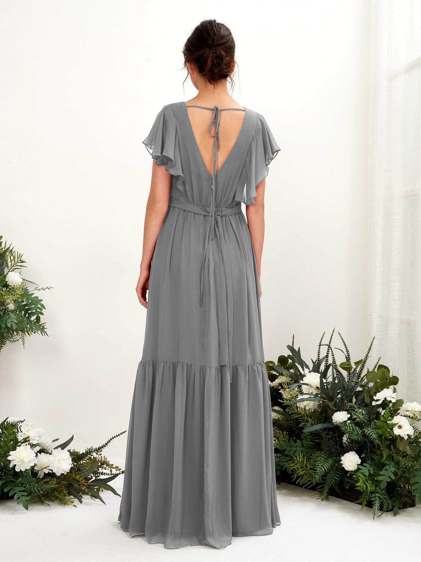 Carlyna Vestido de línea A escote en V manga con vuelo hasta el suelo dama de honor Gris Acero #color_gris-acero