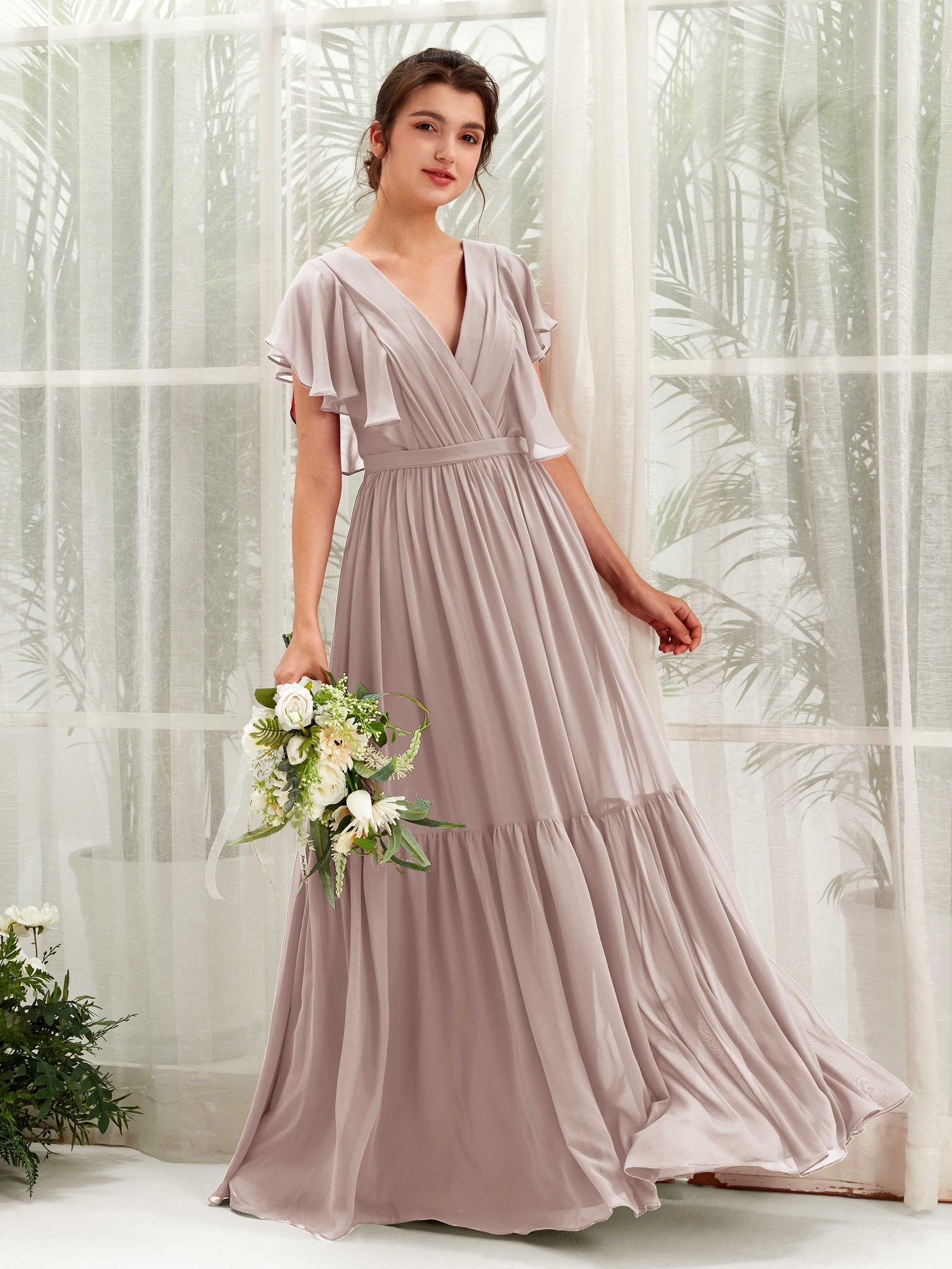 Carlyna Vestido de línea A escote en V manga con vuelo hasta el suelo dama de honor Gris Pardo #color_gris-pardo