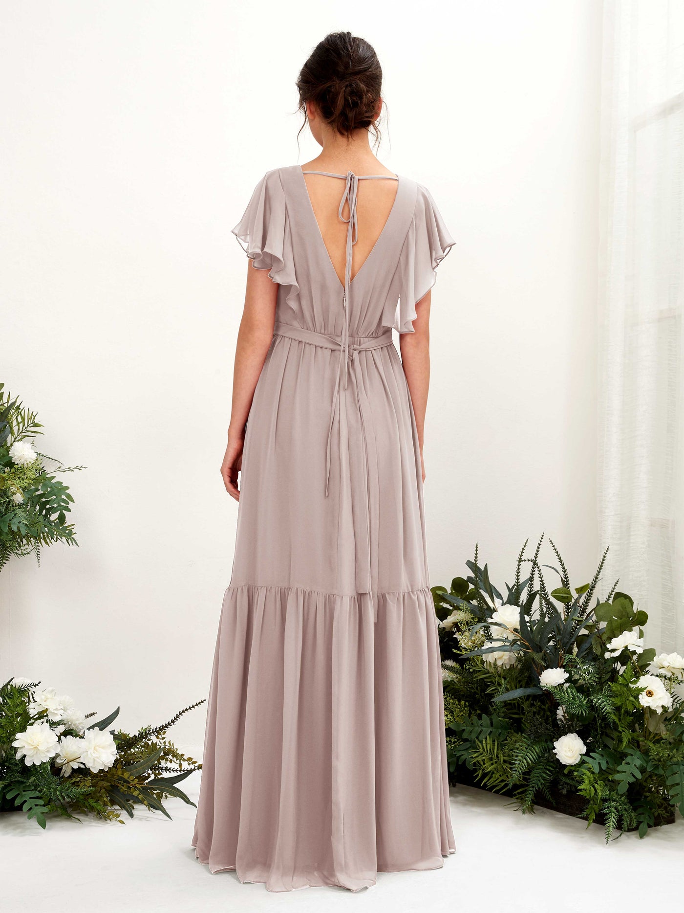 Carlyna Vestido de línea A escote en V manga con vuelo hasta el suelo dama de honor Gris Pardo #color_gris-pardo
