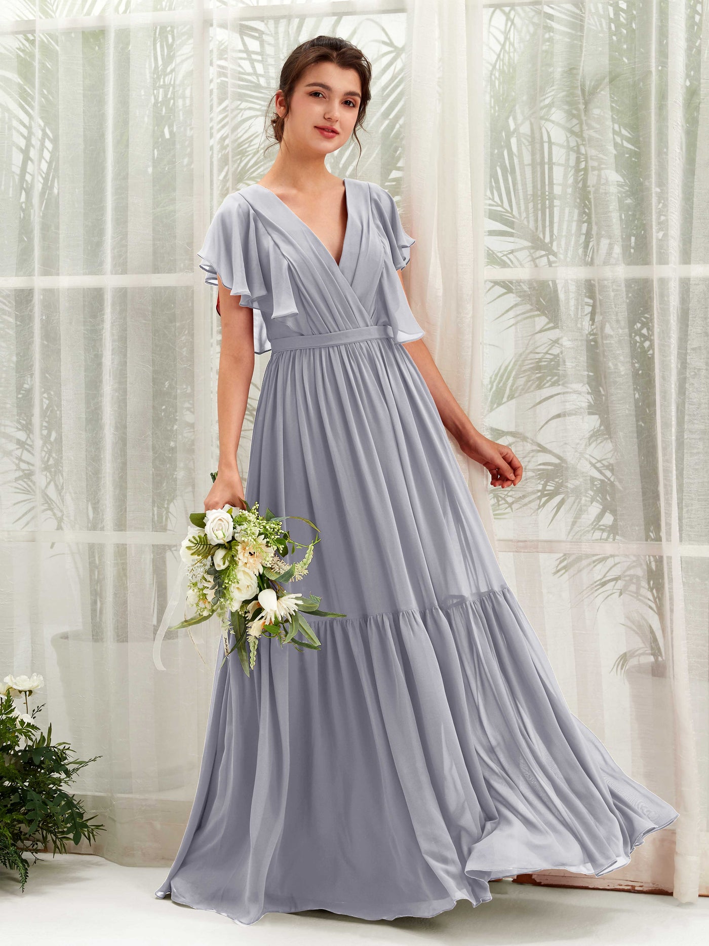 Carlyna Vestido de línea A escote en V manga con vuelo hasta el suelo dama de honor Lavanda Viejo #color_lavanda-viejo