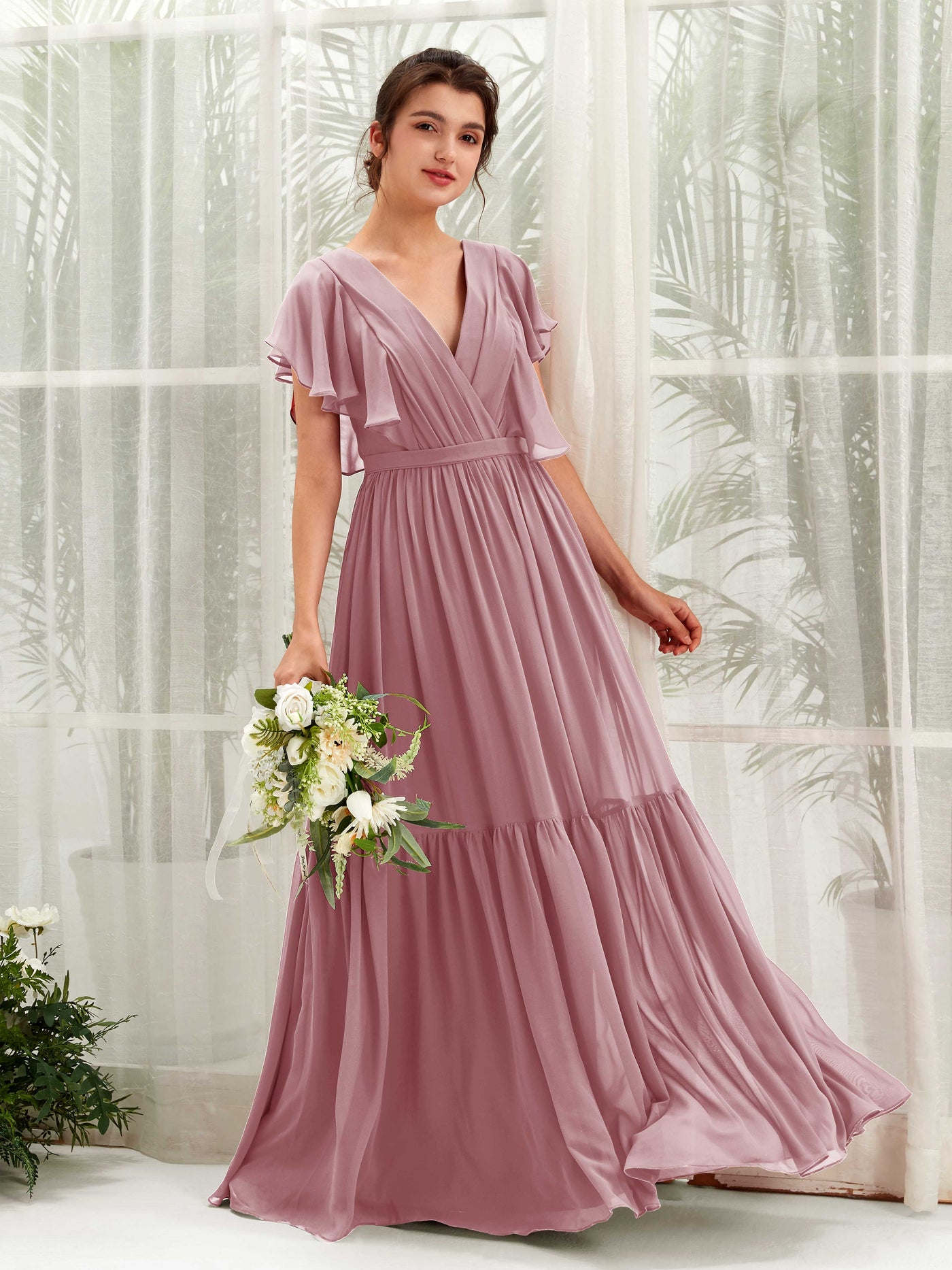Carlyna Vestido de línea A escote en V manga con vuelo hasta el suelo dama de honor Malva Clásico #color_malva-cl-sico