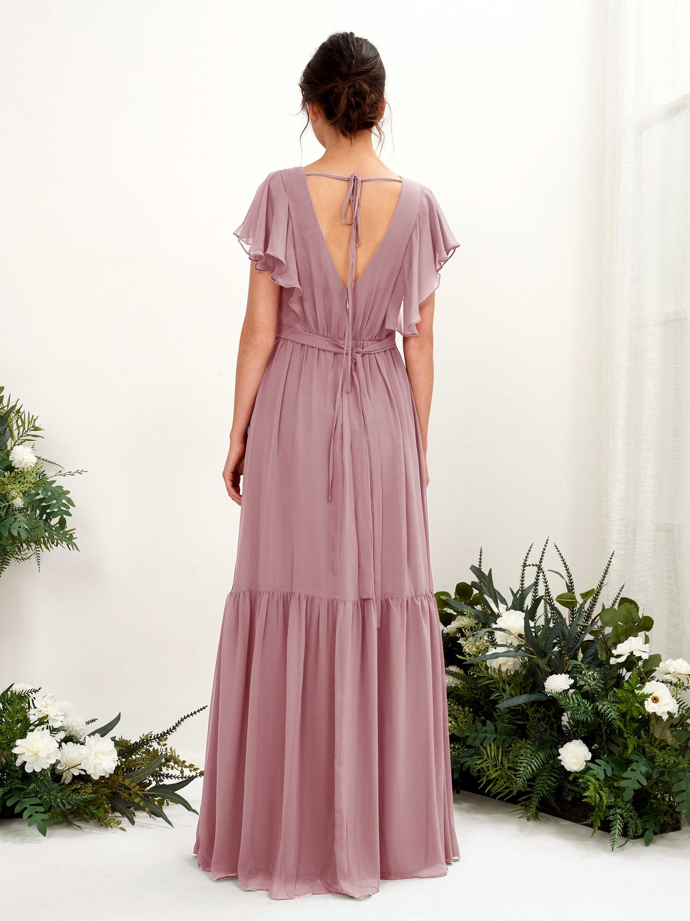 Carlyna Vestido de línea A escote en V manga con vuelo hasta el suelo dama de honor Malva Clásico #color_malva-cl-sico