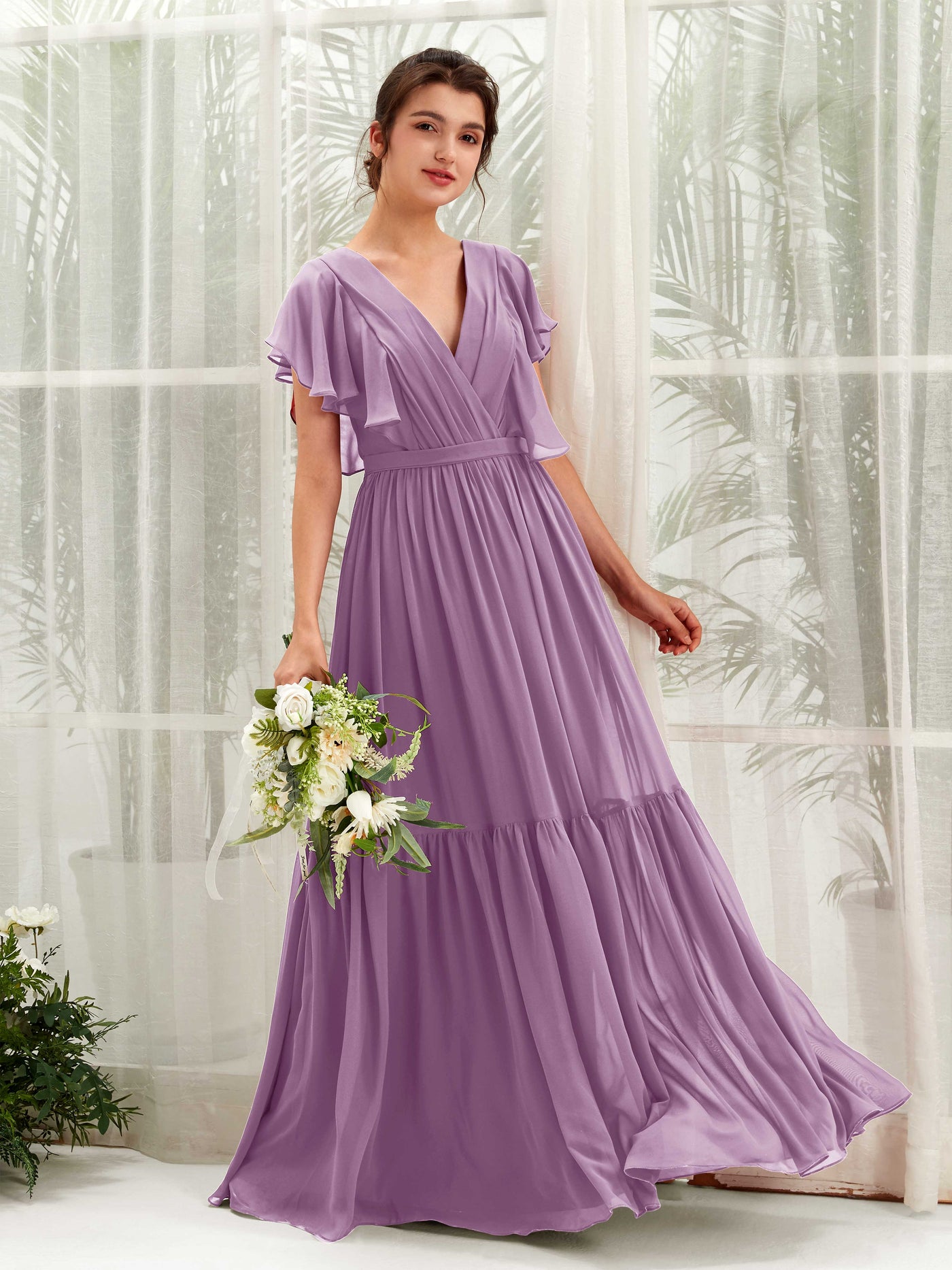 Carlyna Vestido de línea A escote en V manga con vuelo hasta el suelo dama de honor Niebla Orquídea #color_niebla-orqu-dea