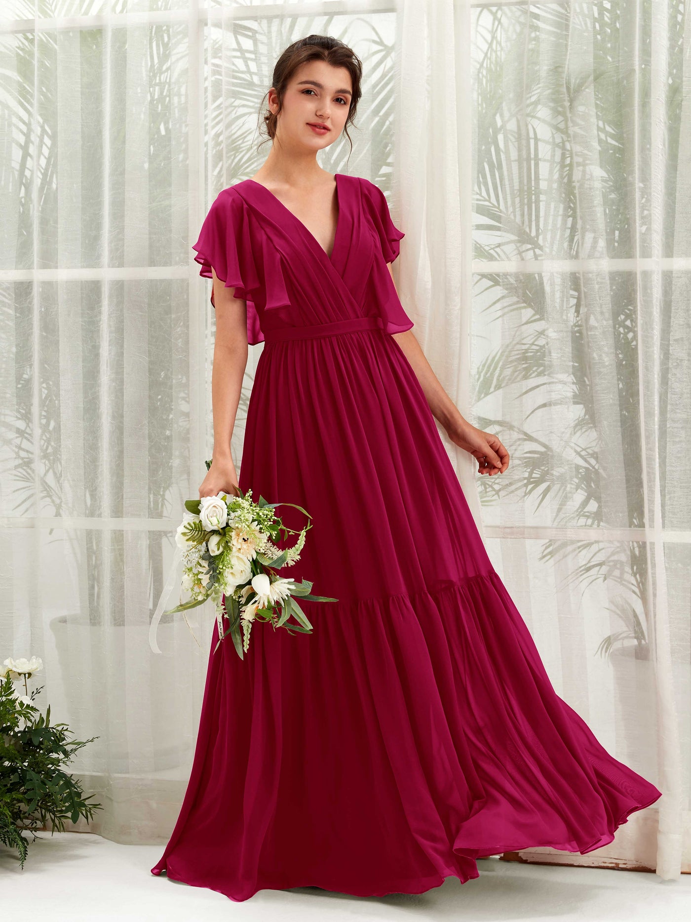 Carlyna Vestido de línea A escote en V manga con vuelo hasta el suelo dama de honor Rojo Bufón #color_rojo-buf-n