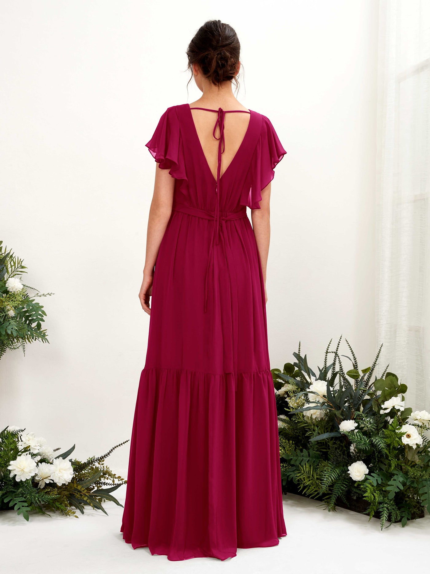 Carlyna Vestido de línea A escote en V manga con vuelo hasta el suelo dama de honor Rojo Bufón #color_rojo-buf-n