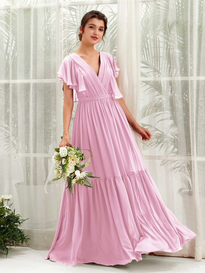 Carlyna Vestido de línea A escote en V manga con vuelo hasta el suelo dama de honor Rosa Caramelo 