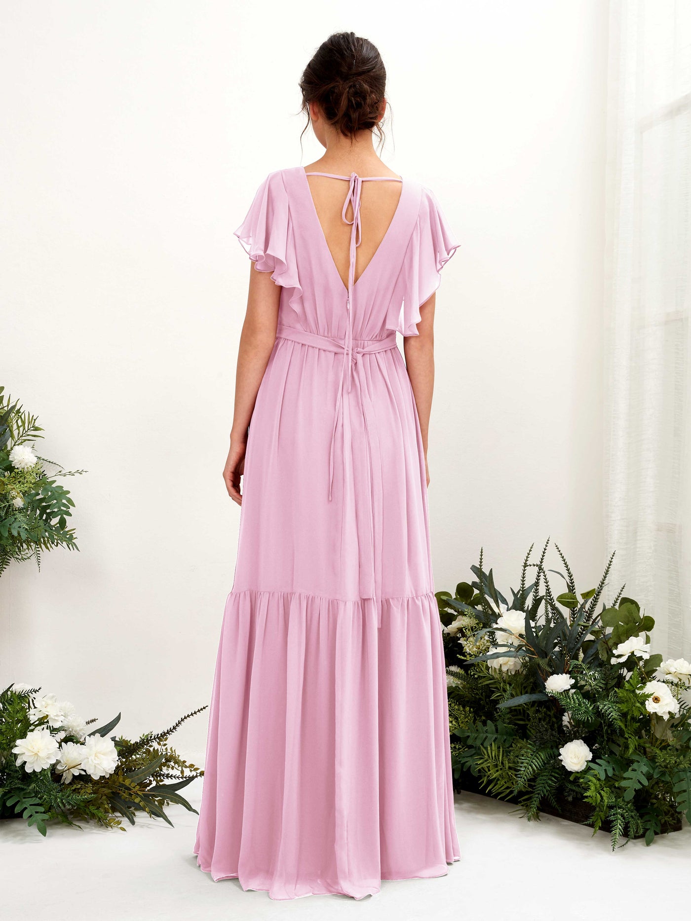 Carlyna Vestido de línea A escote en V manga con vuelo hasta el suelo dama de honor Rosa Caramelo #color_rosa-caramelo