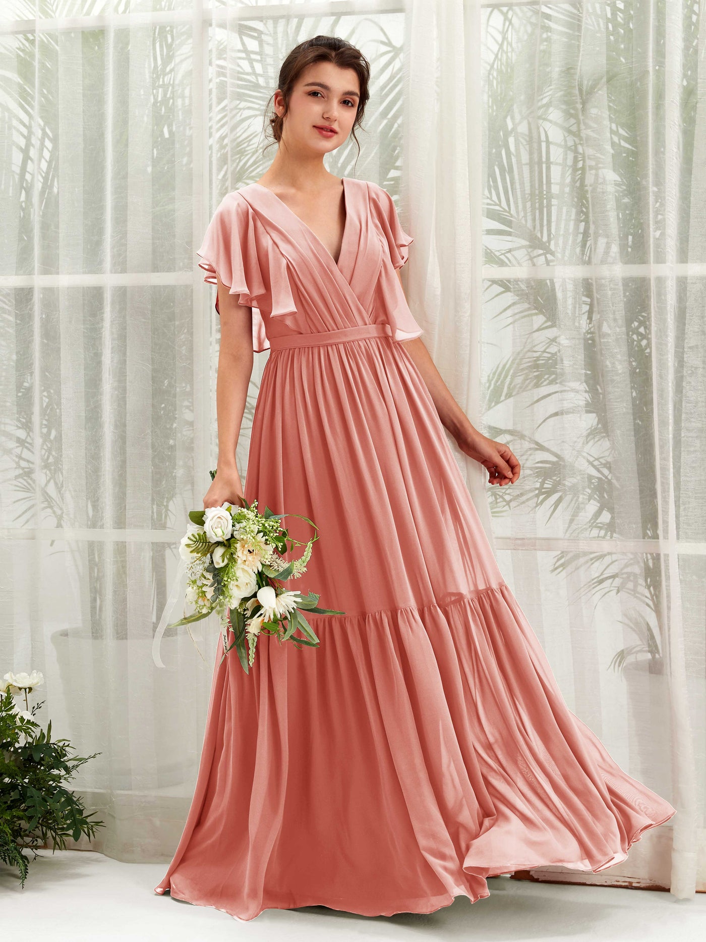 Carlyna Vestido de línea A escote en V manga con vuelo hasta el suelo dama de honor Rosa Champán #color_rosa-champ-n