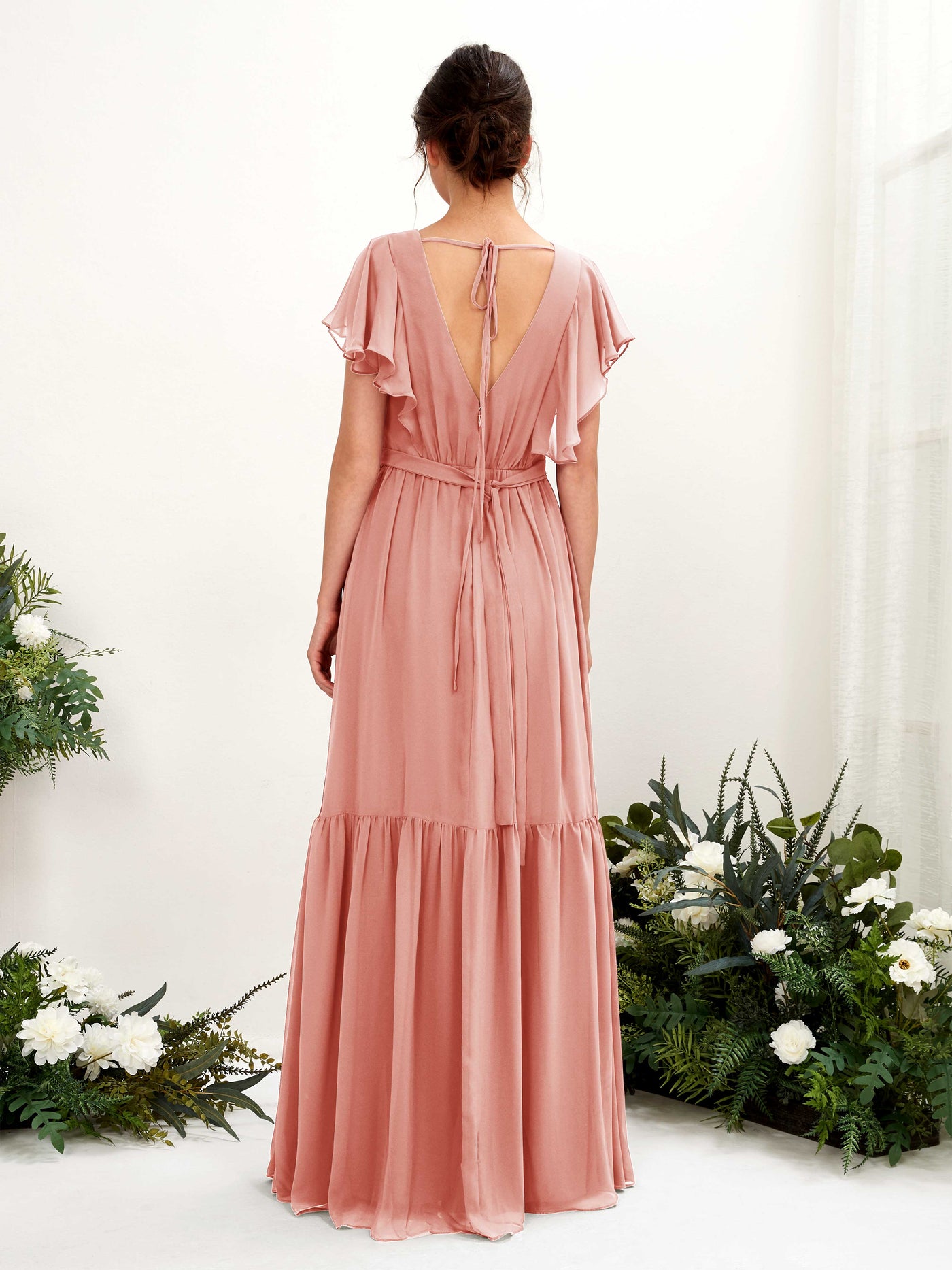 Carlyna Vestido de línea A escote en V manga con vuelo hasta el suelo dama de honor Rosa Champán #color_rosa-champ-n