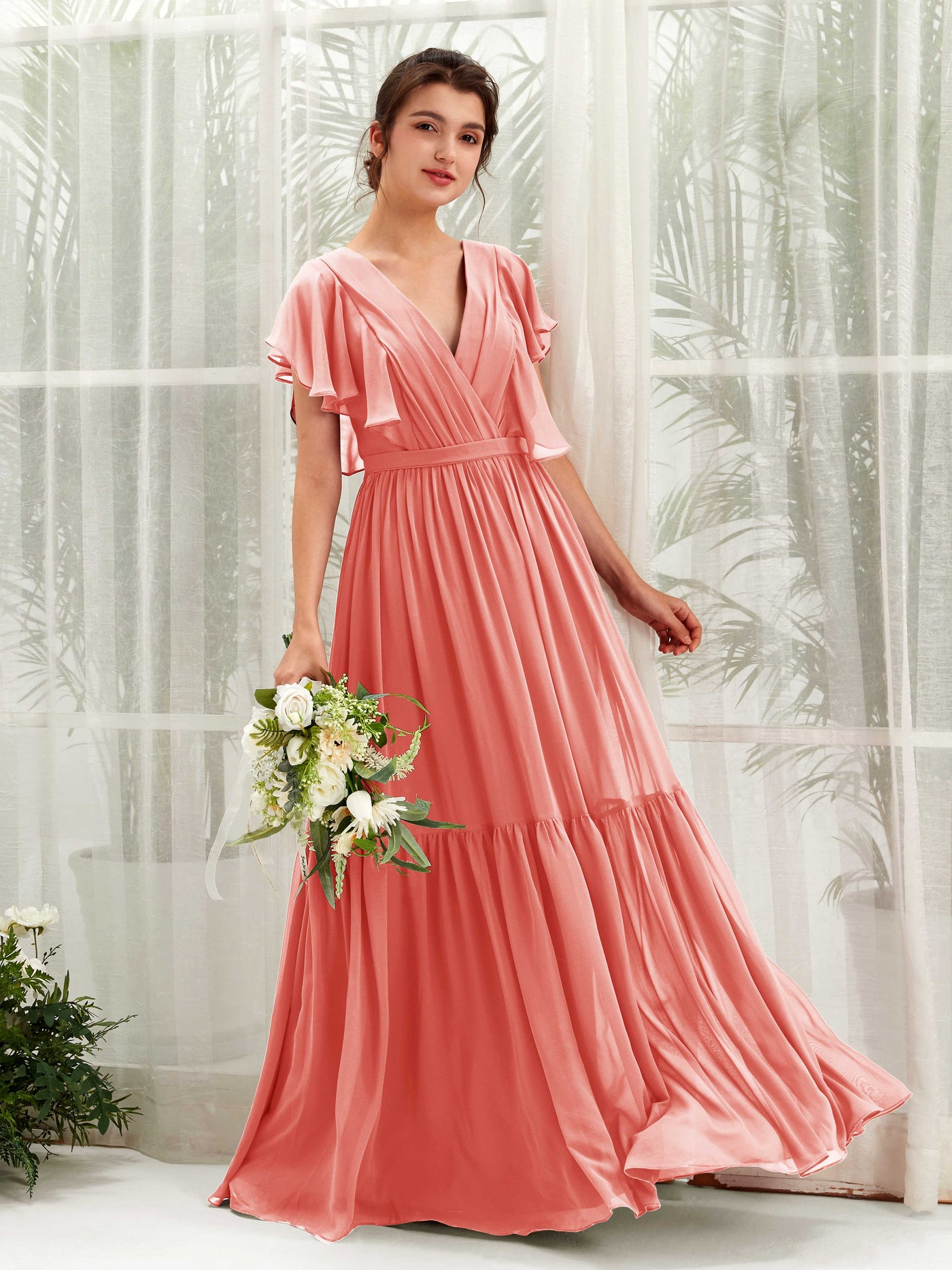 Carlyna Vestido de línea A escote en V manga con vuelo hasta el suelo dama de honor Rosa Melocotón #color_rosa-melocot-n