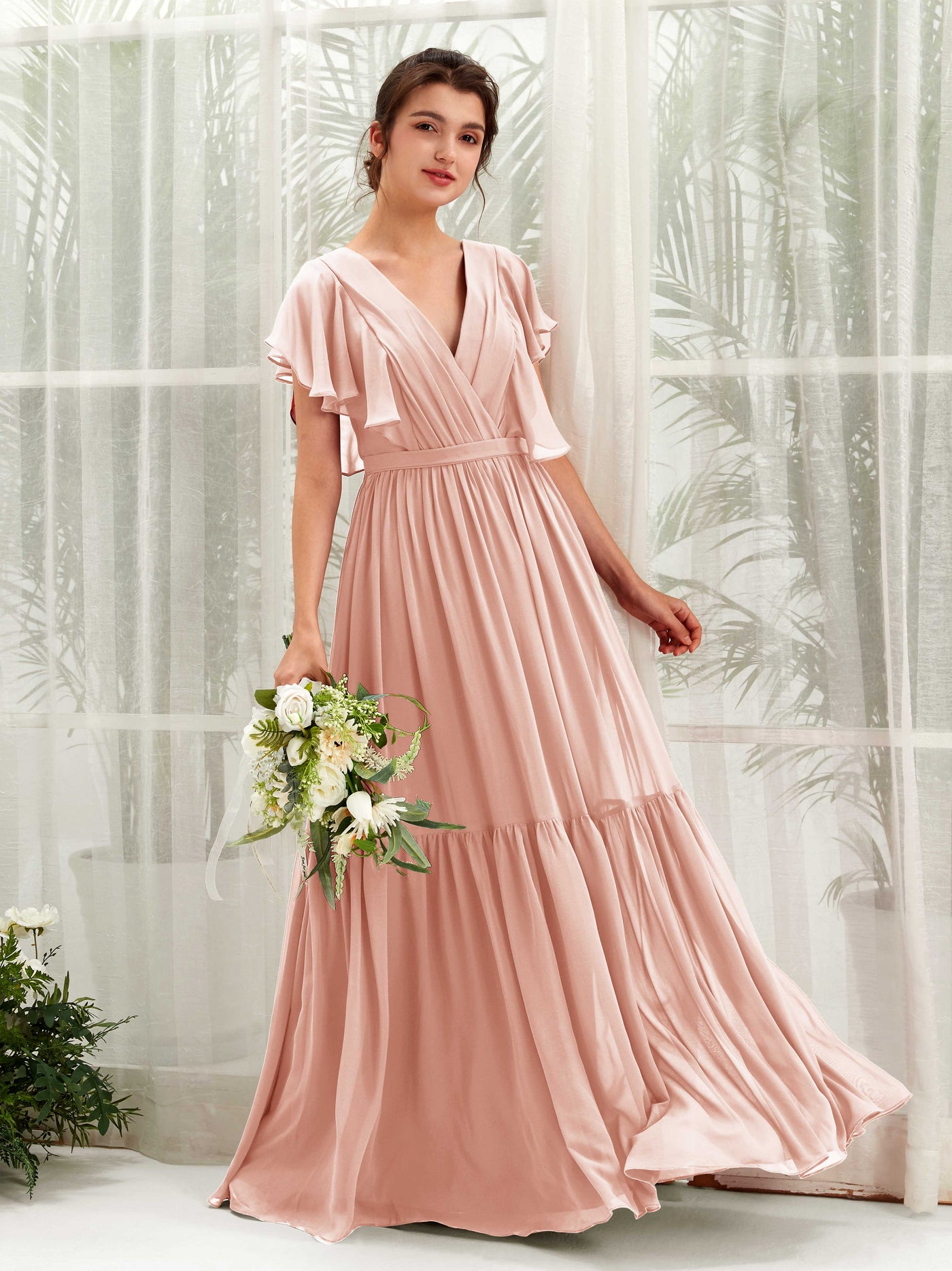 Carlyna Vestido de línea A escote en V manga con vuelo hasta el suelo dama de honor Rosa Perla #color_rosa-perla