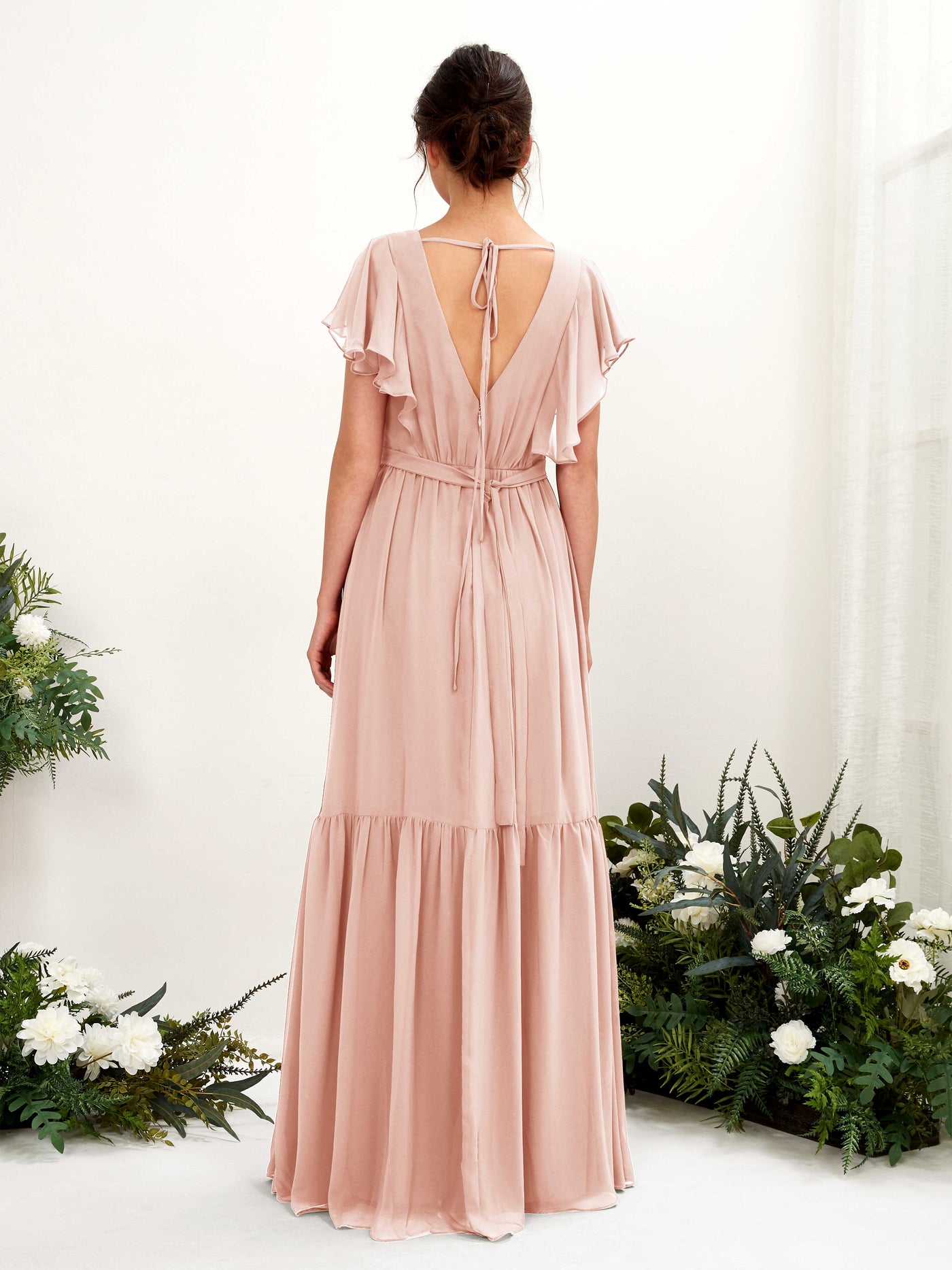 Carlyna Vestido de línea A escote en V manga con vuelo hasta el suelo dama de honor Rosa Perla #color_rosa-perla
