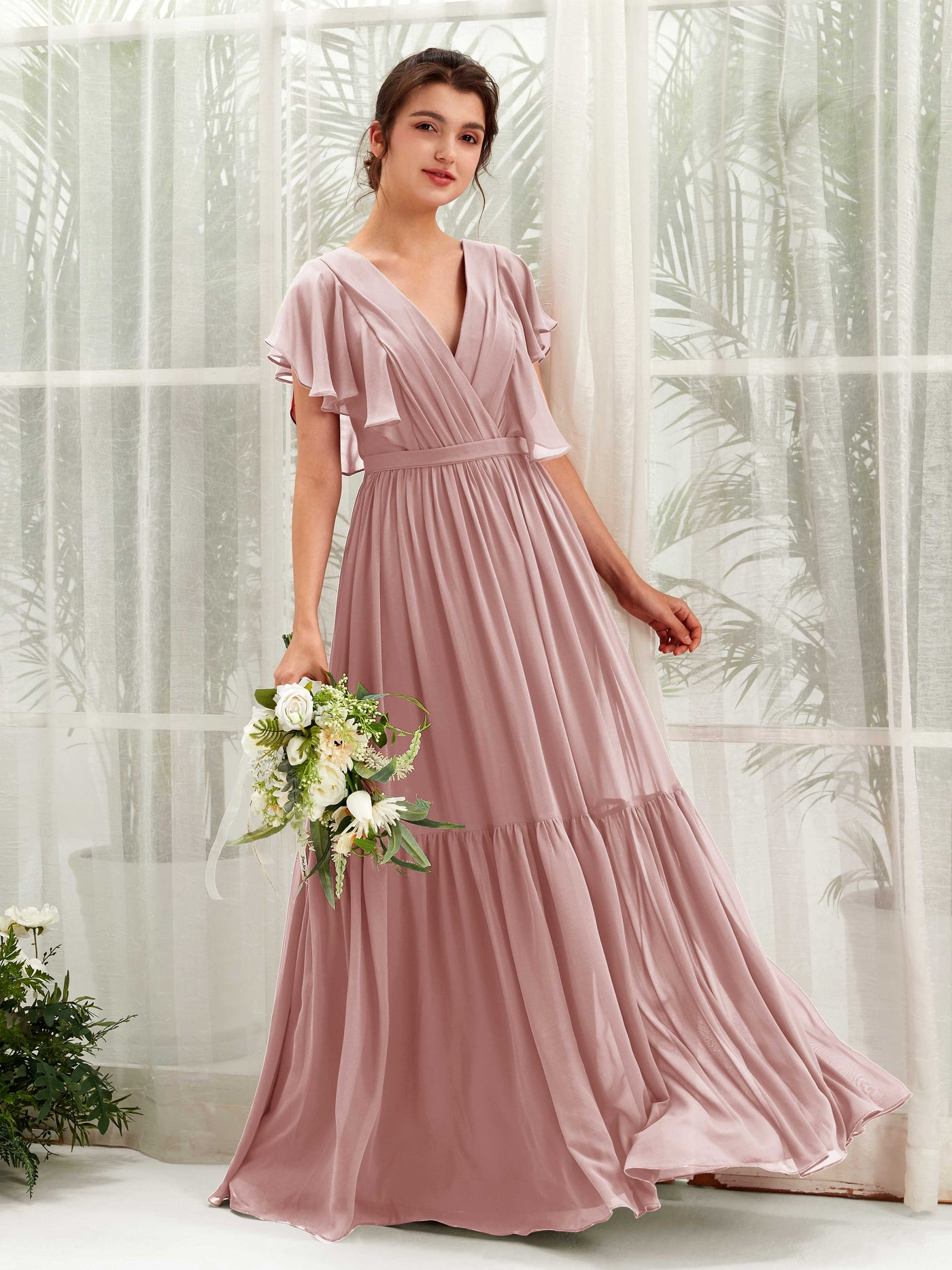 Carlyna Vestido de línea A escote en V manga con vuelo hasta el suelo dama de honor Rosa Polvorienta #color_rosa-polvorienta