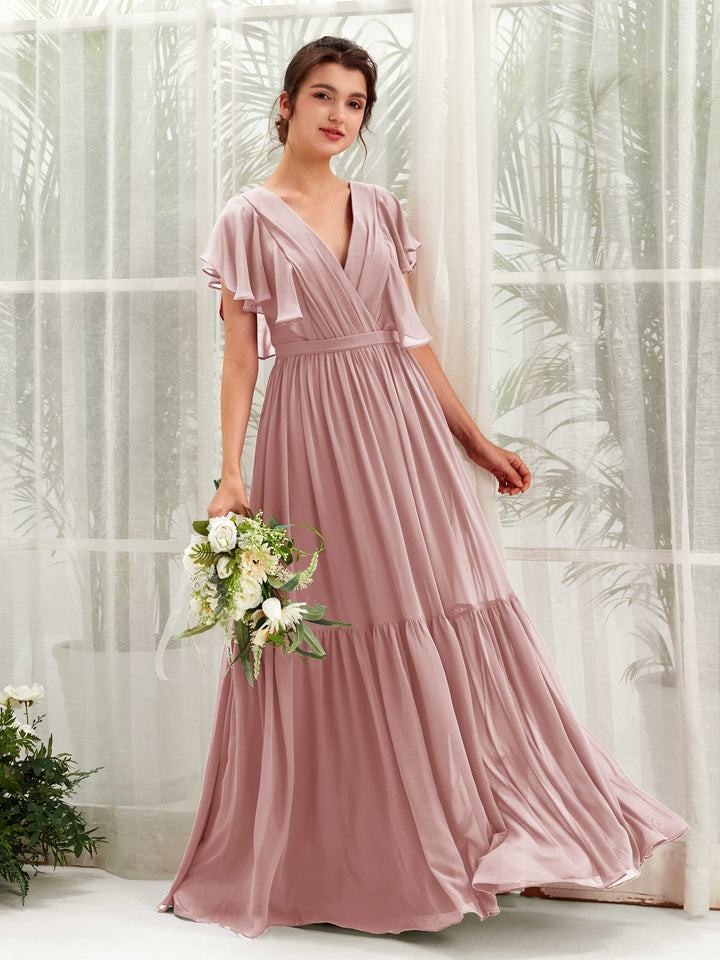 Carlyna Vestido de línea A escote en V manga con vuelo hasta el suelo dama de honor Rosa Polvorienta 