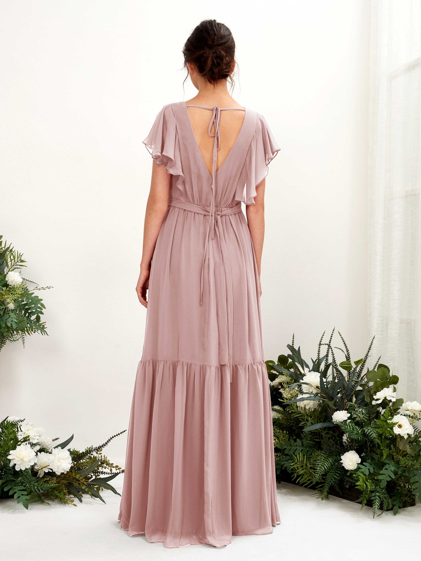 Carlyna Vestido de línea A escote en V manga con vuelo hasta el suelo dama de honor Rosa Polvorienta #color_rosa-polvorienta