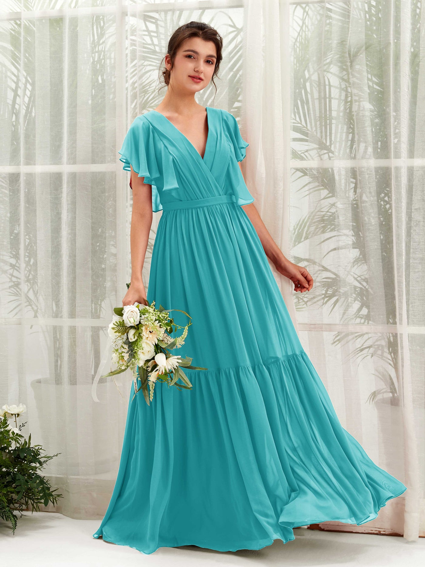 Carlyna Vestido de línea A escote en V manga con vuelo hasta el suelo dama de honor Turquesa #color_turquesa
