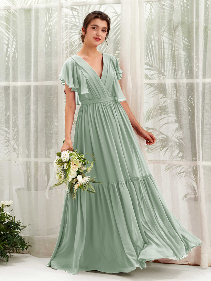 Carlyna Vestido de línea A escote en V manga con vuelo hasta el suelo dama de honor Verde Salvia 