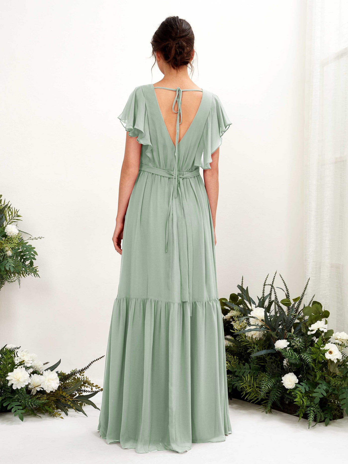 Carlyna Vestido de línea A escote en V manga con vuelo hasta el suelo dama de honor Verde Salvia #color_verde-salvia