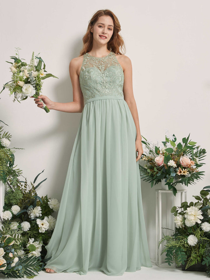 Carlyna Vestido de línea A escote ilusión hasta el suelo gasa dama de honor Verde Salvia 