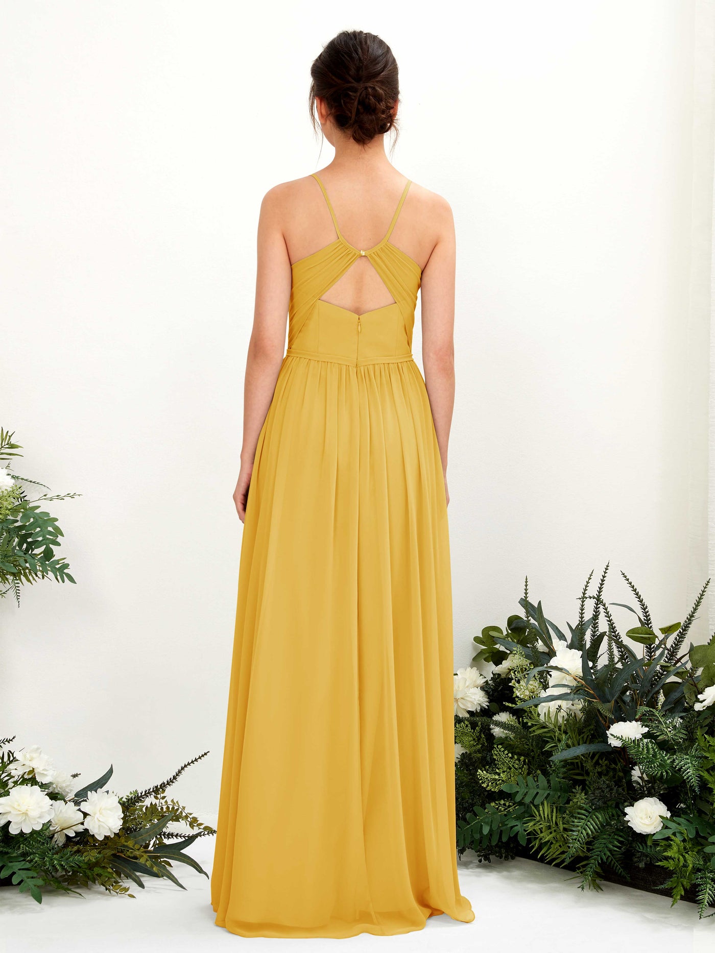 Carlyna Vestido de Línea A Hasta el suelo Escote en V Tirantes finos Amarillo Mostaza #color_amarillo-mostaza