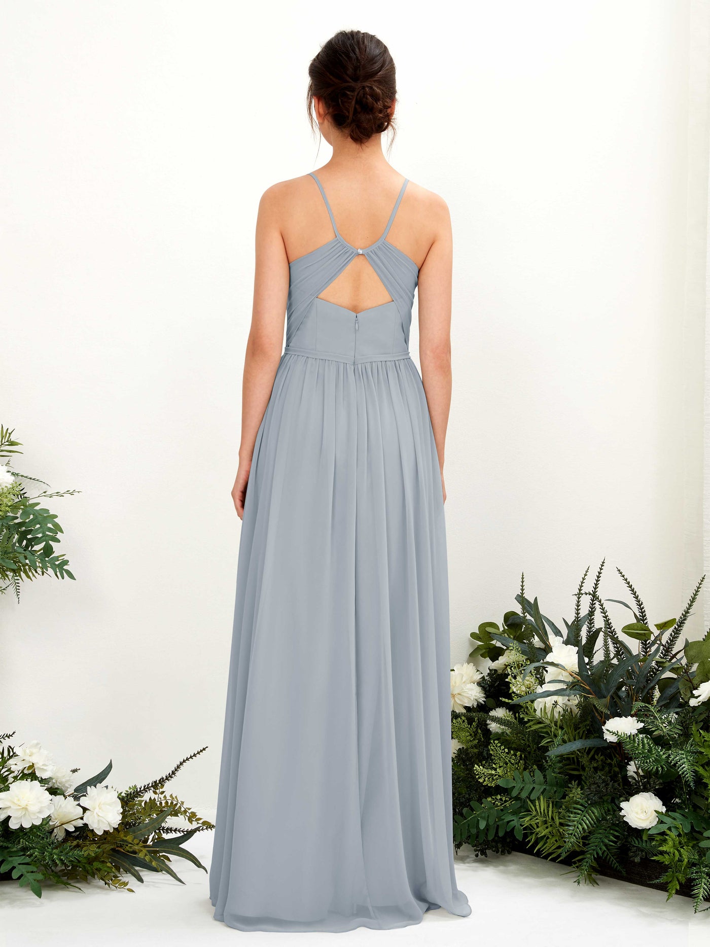 Carlyna Vestido de Línea A Hasta el suelo Escote en V Tirantes finos Azul Empolvado Mejorado #color_azul-empolvado-mejorado