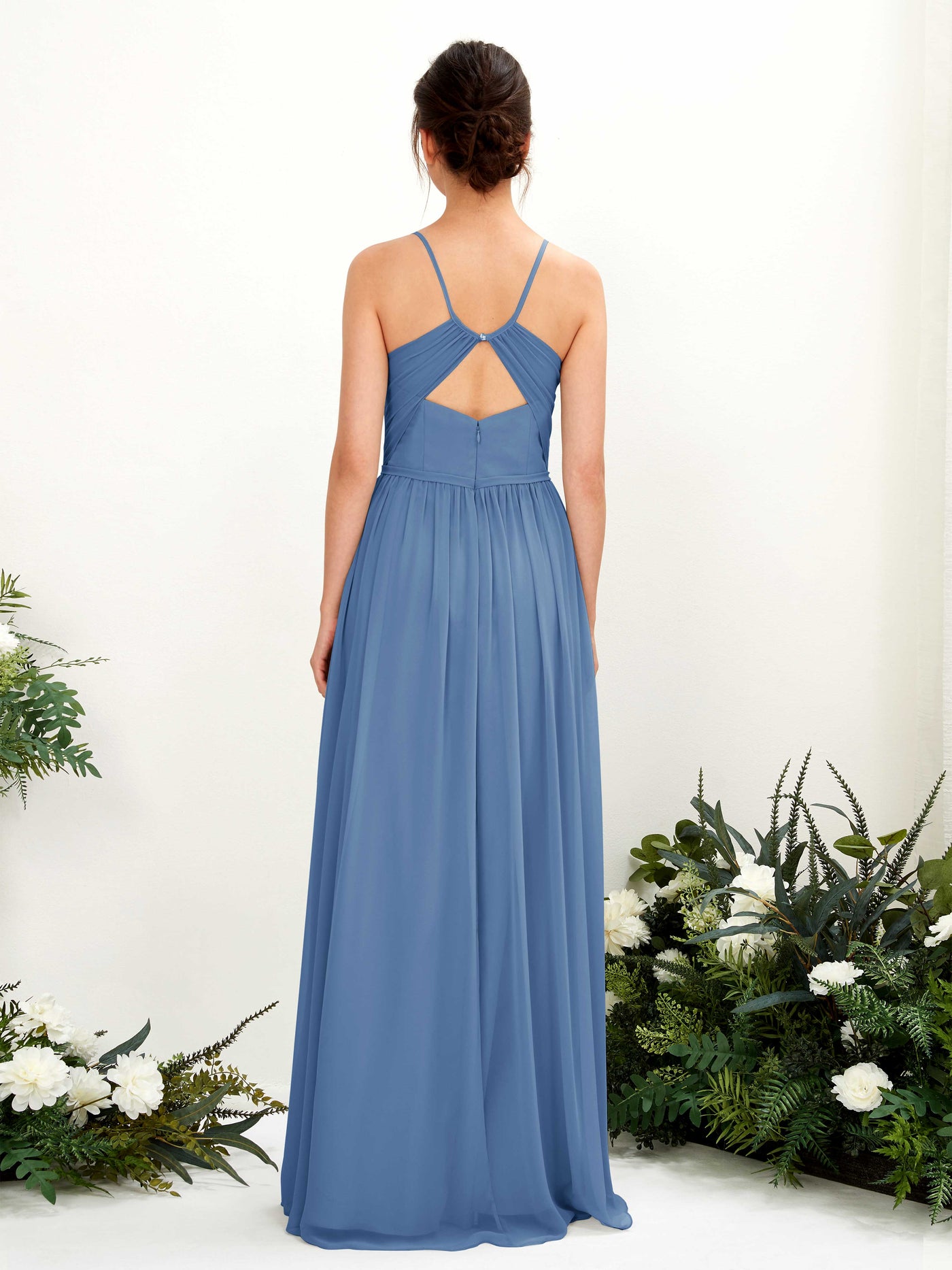 Carlyna Vestido de Línea A Hasta el suelo Escote en V Tirantes finos Azul polvoriento #color_azul-polvoriento