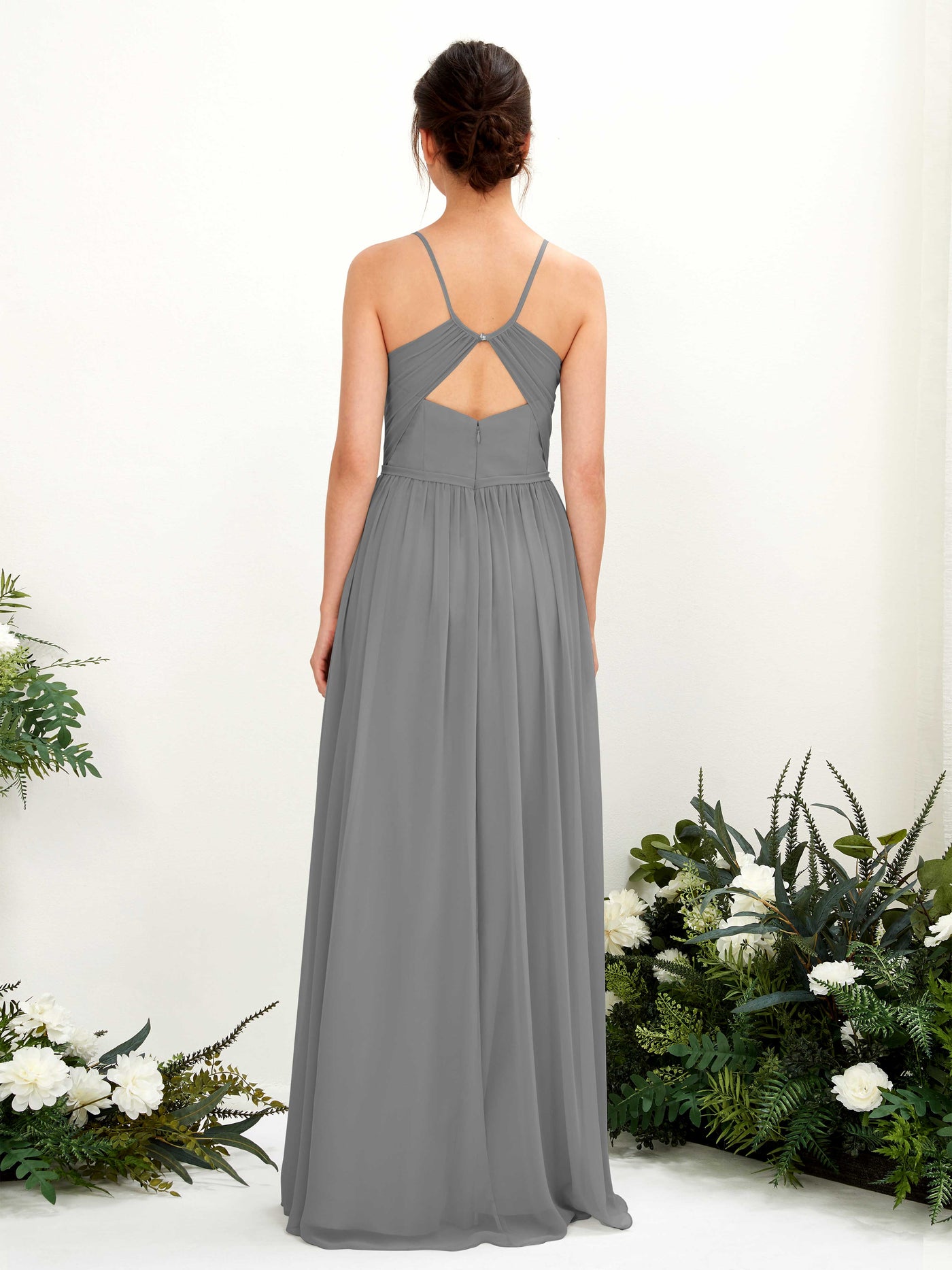Carlyna Vestido de Línea A Hasta el suelo Escote en V Tirantes finos Gris Acero #color_gris-acero
