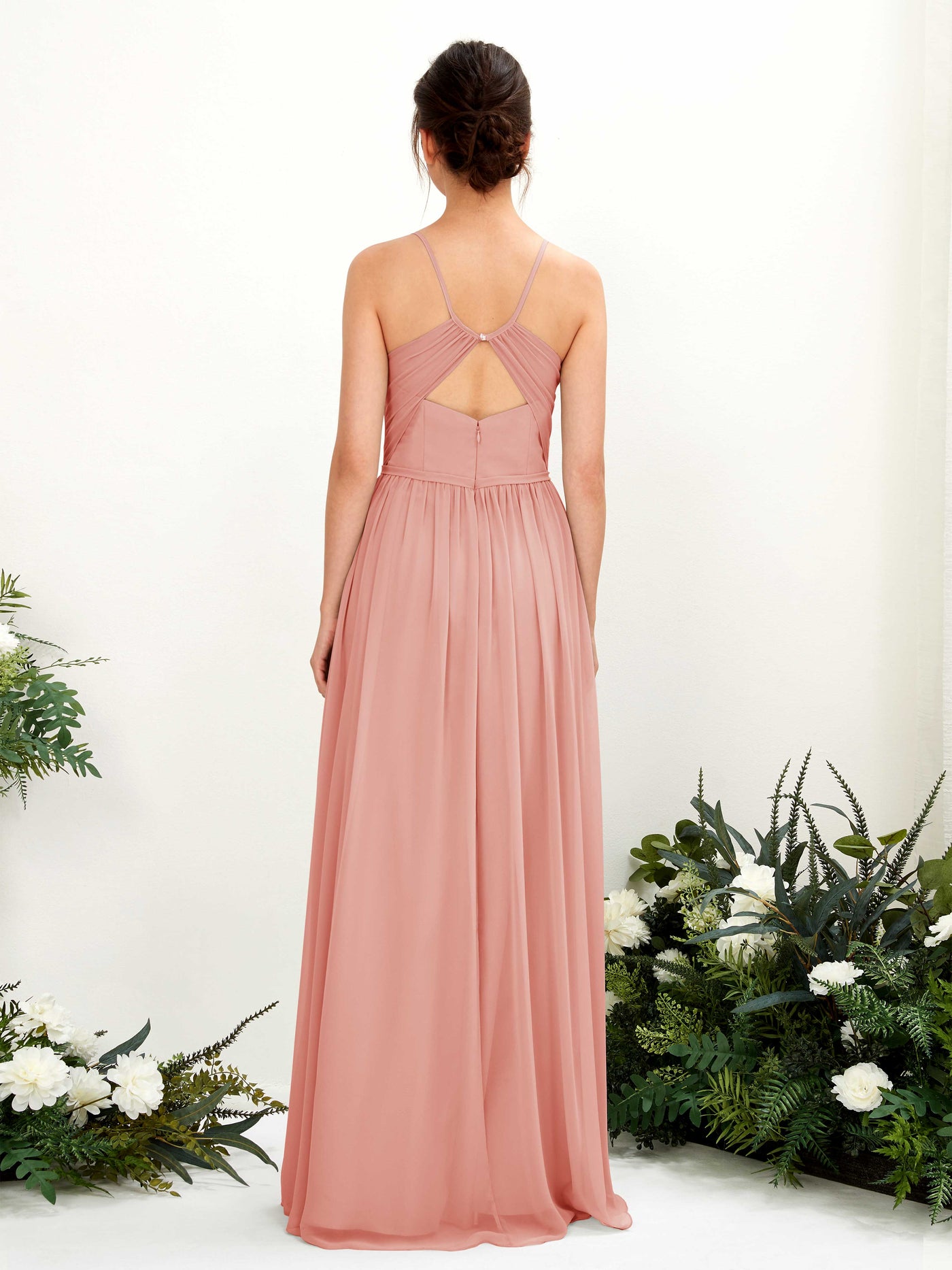 Carlyna Vestido de Línea A Hasta el suelo Escote en V Tirantes finos Rosa Champán #color_rosa-champ-n