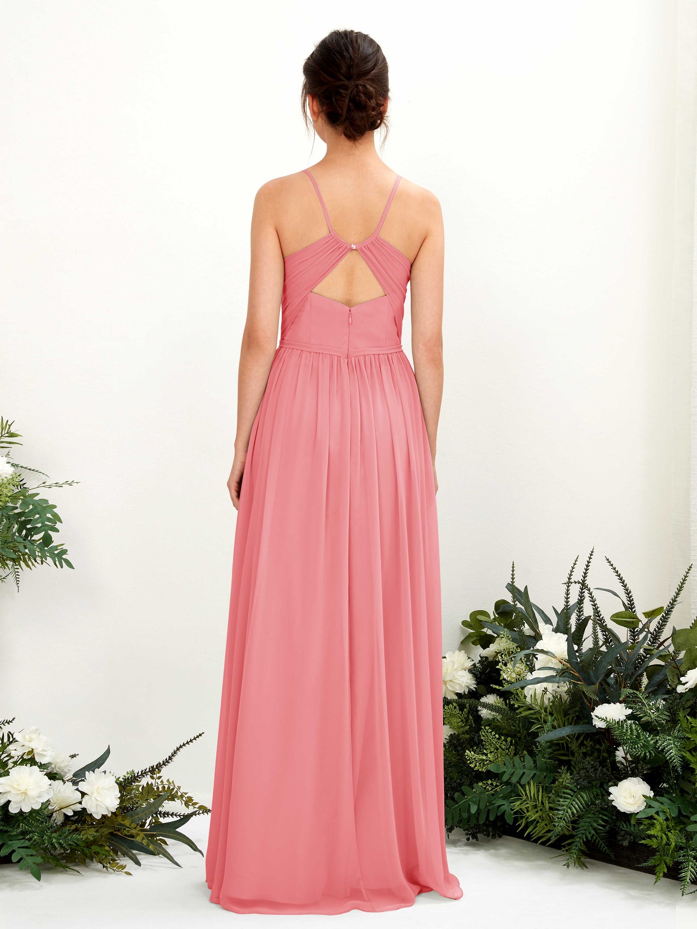 Carlyna Vestido de Línea A Hasta el suelo Escote en V Tirantes finos Rosa Coral #color_rosa-coral