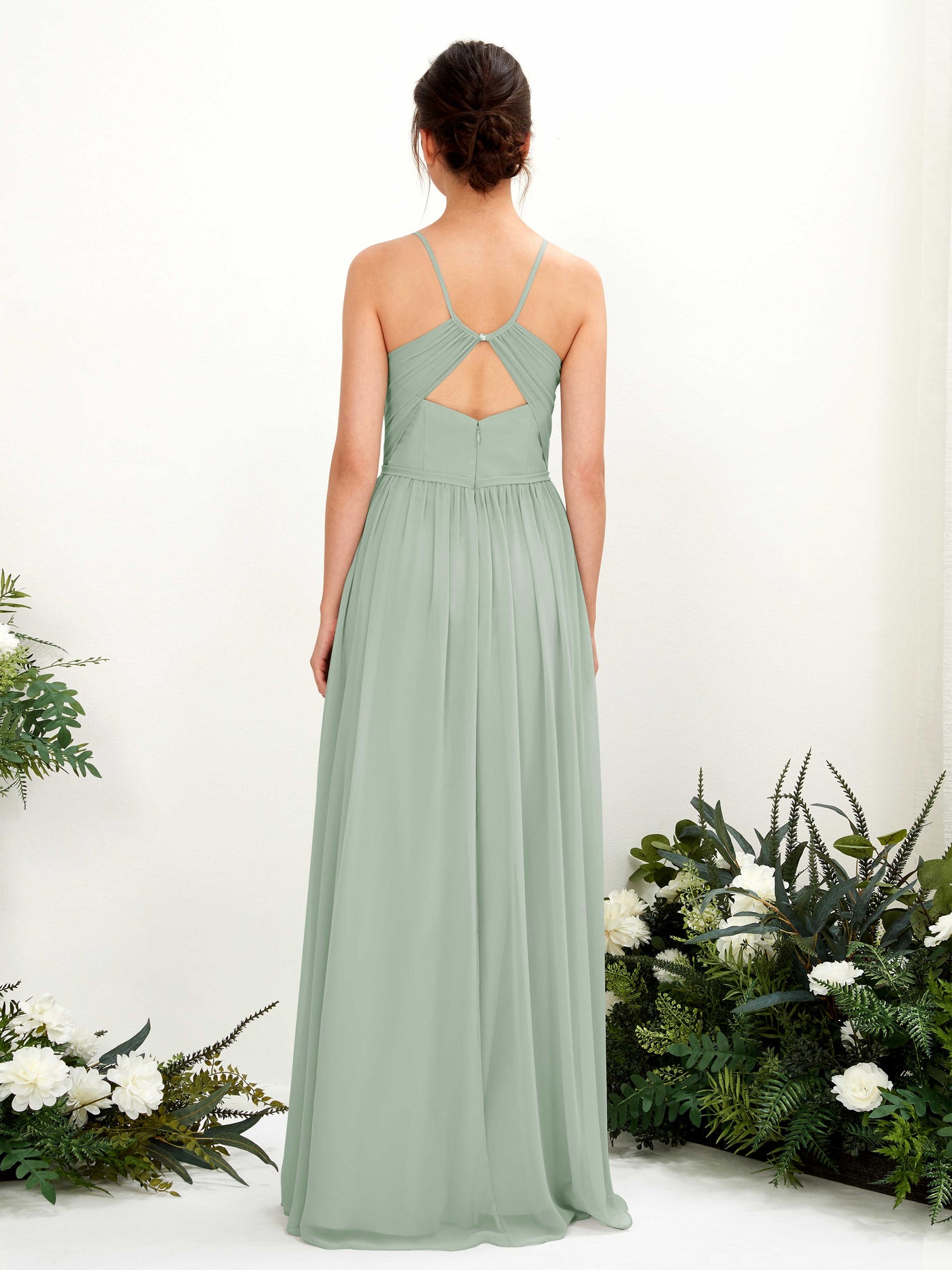 Carlyna Vestido de Línea A Hasta el suelo Escote en V Tirantes finos Verde Salvia #color_verde-salvia