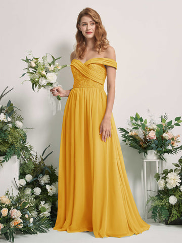 Carlyna Vestido de Línea A Hombros Caídos Hasta el Suelo Bordado Vestidos de Dama de Honor Amarillo Mostaza #color_amarillo-mostaza