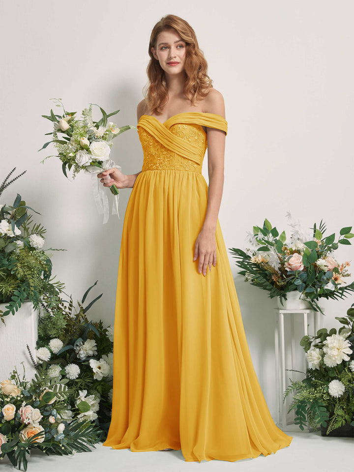 Carlyna Vestido de Línea A Hombros Caídos Hasta el Suelo Bordado Vestidos de Dama de Honor Amarillo Mostaza 