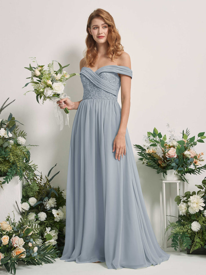 Carlyna Vestido de Línea A Hombros Caídos Hasta el Suelo Bordado Vestidos de Dama de Honor Azul Empolvado Mejorado 