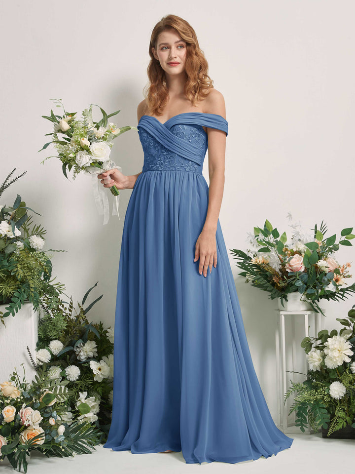 Carlyna Vestido de Línea A Hombros Caídos Hasta el Suelo Bordado Vestidos de Dama de Honor Azul polvoriento 