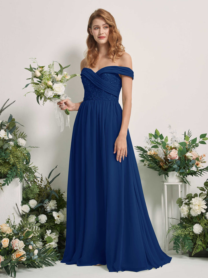 Carlyna Vestido de Línea A Hombros Caídos Hasta el Suelo Bordado Vestidos de Dama de Honor Azul Real 