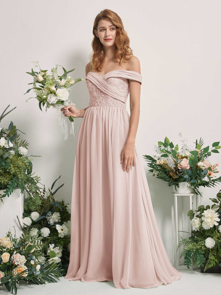 Carlyna Vestido de Línea A Hombros Caídos Hasta el Suelo Bordado Vestidos de Dama de Honor Biscotti 