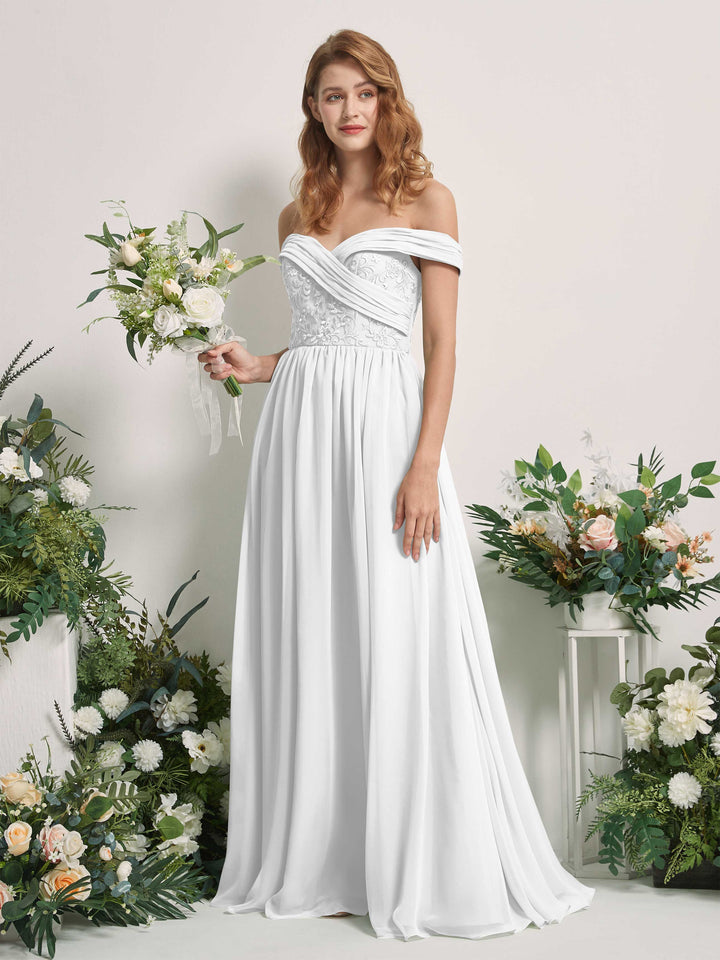 Carlyna Vestido de Línea A Hombros Caídos Hasta el Suelo Bordado Vestidos de Dama de Honor Blanco 