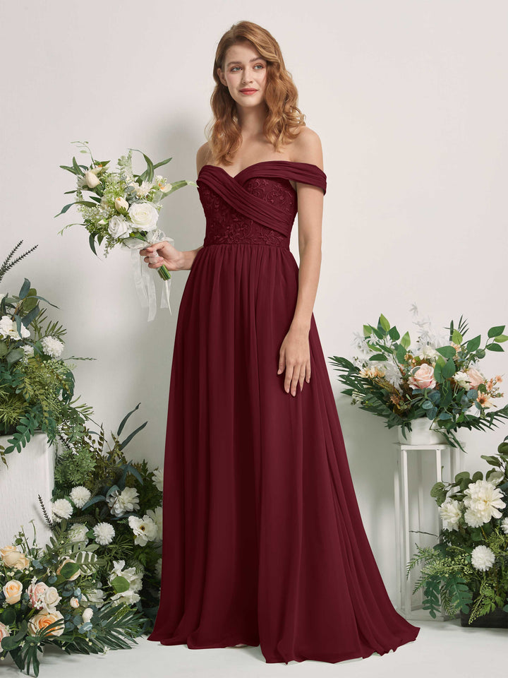 Carlyna Vestido de Línea A Hombros Caídos Hasta el Suelo Bordado Vestidos de Dama de Honor Borgoña 