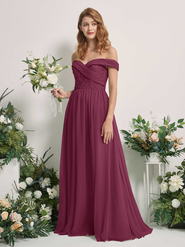 Carlyna Vestido de Línea A Hombros Caídos Hasta el Suelo Bordado Vestidos de Dama de Honor Chianti 
