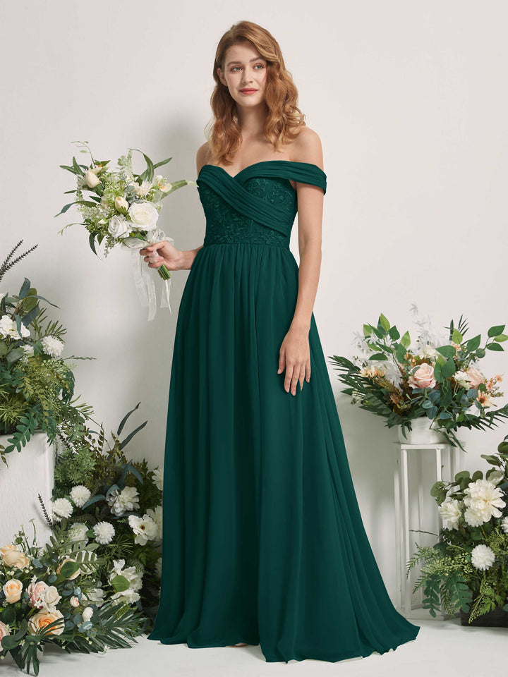 Carlyna Vestido de Línea A Hombros Caídos Hasta el Suelo Bordado Vestidos de Dama de Honor Esmeralda Oscuro 