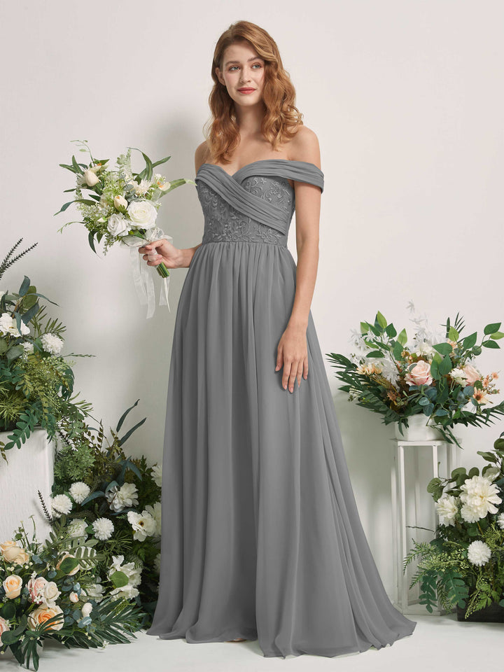 Carlyna Vestido de Línea A Hombros Caídos Hasta el Suelo Bordado Vestidos de Dama de Honor Gris Acero 