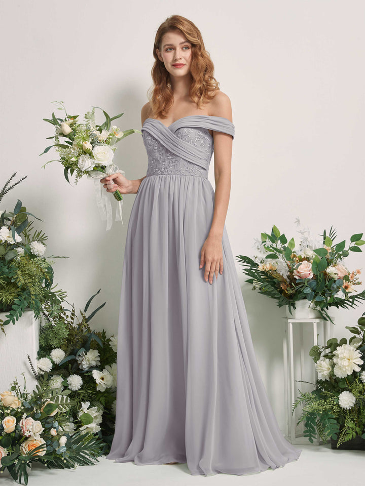Carlyna Vestido de Línea A Hombros Caídos Hasta el Suelo Bordado Vestidos de Dama de Honor Gris Paloma 