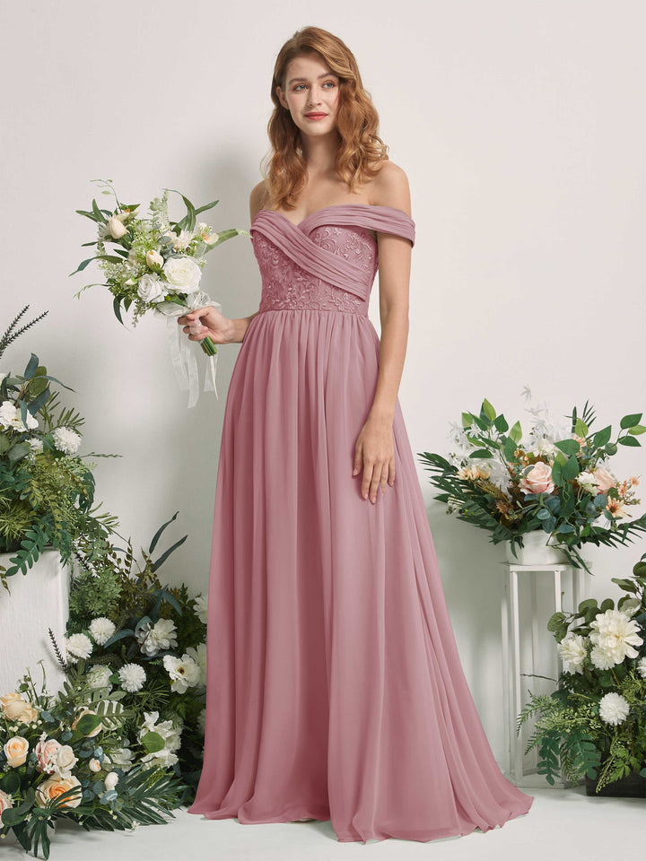 Carlyna Vestido de Línea A Hombros Caídos Hasta el Suelo Bordado Vestidos de Dama de Honor Malva Clásico 