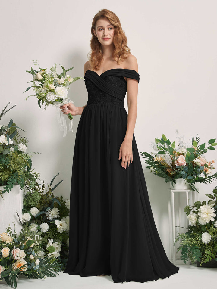 Carlyna Vestido de Línea A Hombros Caídos Hasta el Suelo Bordado Vestidos de Dama de Honor Negro 